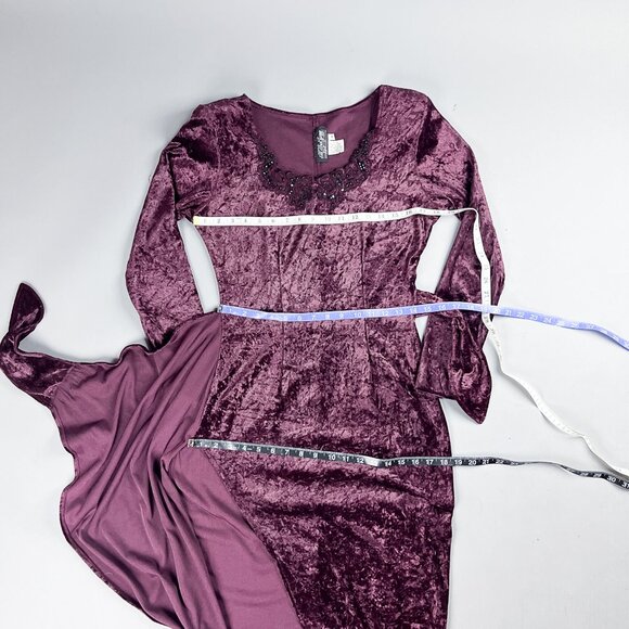 Vintage Velvet Dress | 80's Plum Purple Gothic Faux Wrap Midi Dress - Picture 5 of 6